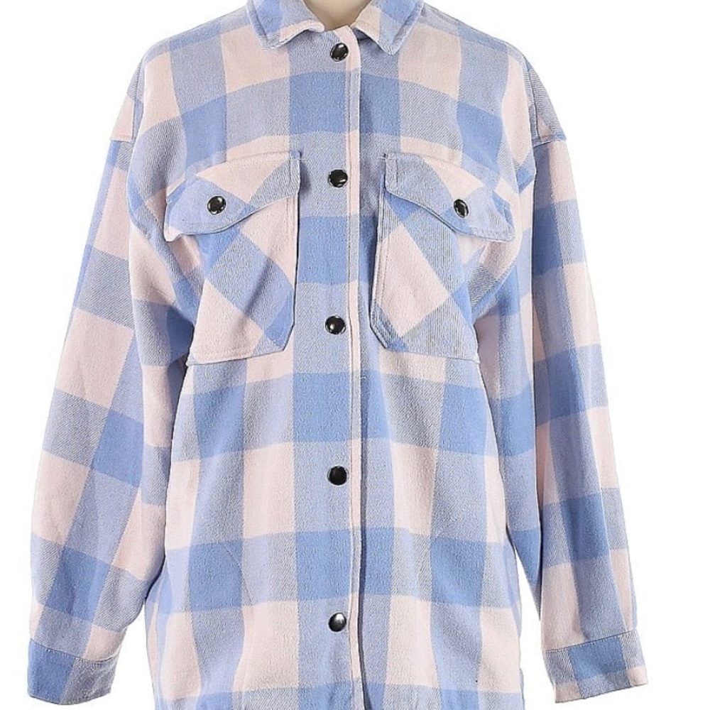 HFX Women's Relaxed Fit Front Snap Cozy Plaid Shirt Jacket Light Blue